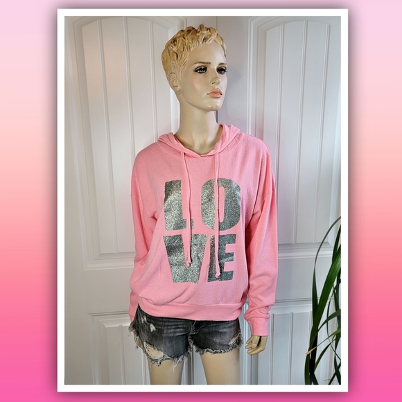 Rue 21 pink hoodie sweatshirt graphic silver glitter LOVE print women's … - Picture 2 of 6